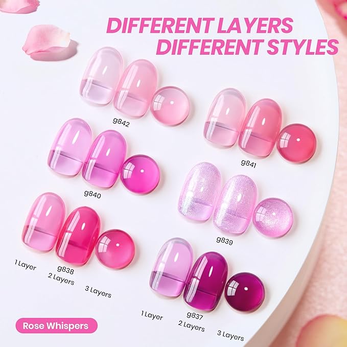 Beetles Rose Whispers Jelly Pink Gel Nail Polish Set - 6 Colors Valentines Gel Polish Kit Jelly Pink Sheer Translucent Effect Soak Off UV Salon DIY Manicure Spring Gift for Women