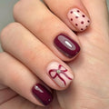 Valentines Press on Nails Extra Short Square MABKJLF Fake Nails False Nails with Wine Red Bow Polka Dots Rhinestones Designs Glossy Glue on Full Cover Acrylic Nails for Women Girls 24Pcs