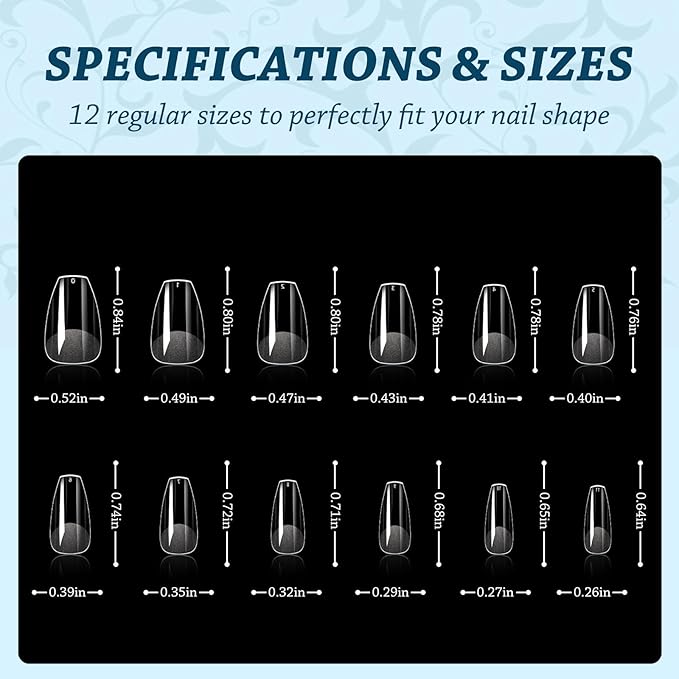 Lsnisni Fake Nail Tips, 288PC Gel Acrylic Nail Tips, Clear Short Ballet Short Press On Nails, Nail Supplies Suitable for Women or Girls to DIY Nails 12 Sizes For Your Choice!