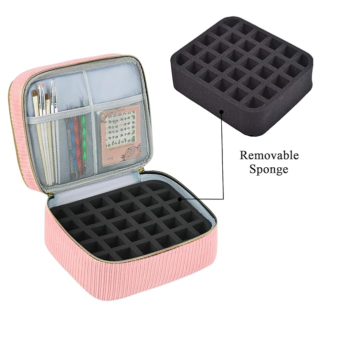 Nail Polish Organizer- Holds 30 Bottles, Nail Organizers and Storage Double-Layer Nail Bag Organizer Case Nail Polish Holder with Handle, Nail Kit Organizer for Manicures Tools (Pink)