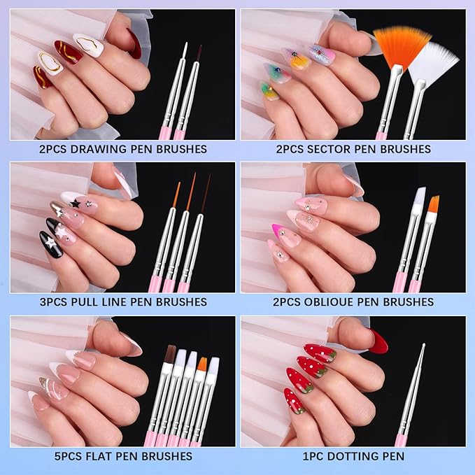 Nail Art Stand Tools Kit: 15 Pcs Nail Brush 5 Pcs 2-way Dotting Tool 2x Holder for Painting Nails and Press ons 96x Reusable Adhesive Putty and Tweezer Design Supplies Set for Women Salon Home
