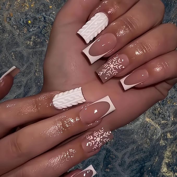 MISUD Press on Nails - Long Square Fake Nails with White French Tip, Acrylic Winter Snowflake Sweater Design 24 pcs