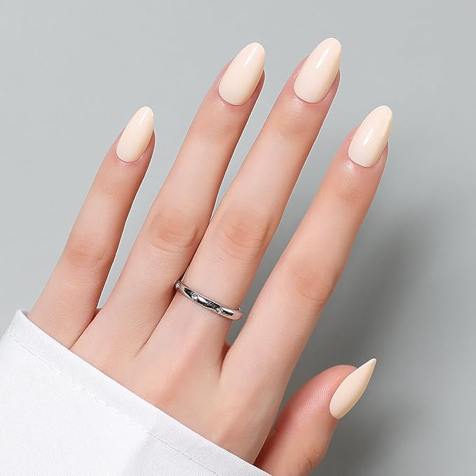 Luxbon Press On Nails Stick On Nails with No-Cure Nail Glue and Tool Kit – Short Almond Soft Gel Tips 25-30pcs Full Size Set, Reusable Fake Nails for Women, Salon Look at Home, Milky White