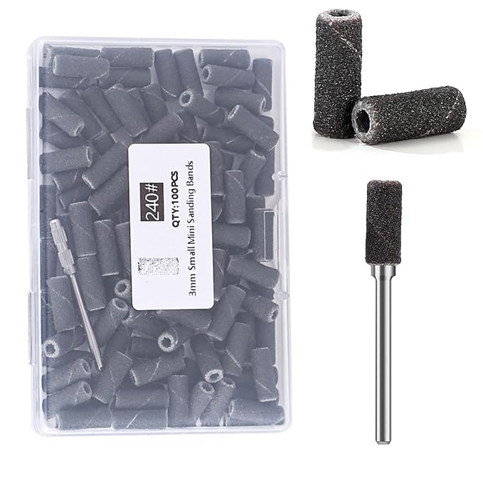 100pcs Nail Drill Bits Small Sanding Bands with 3.1mm Mandrel Bit, 240 Extra Fine Grit Nail File Sanding Bands for Acrylic Nails Gel Removing Shaping Manicures and Pedicure (Black, 240 Grit)