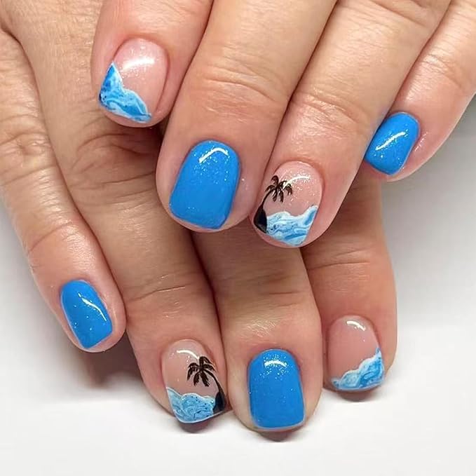 Blue French Tip Press on Nails Short Square Fake Nails with Designs Ocean Sea Waves Glue on Nails Coconut Tree Acrylic Nails Summer Artificial Nails Glitter Full Cover Stick on Nails for Women