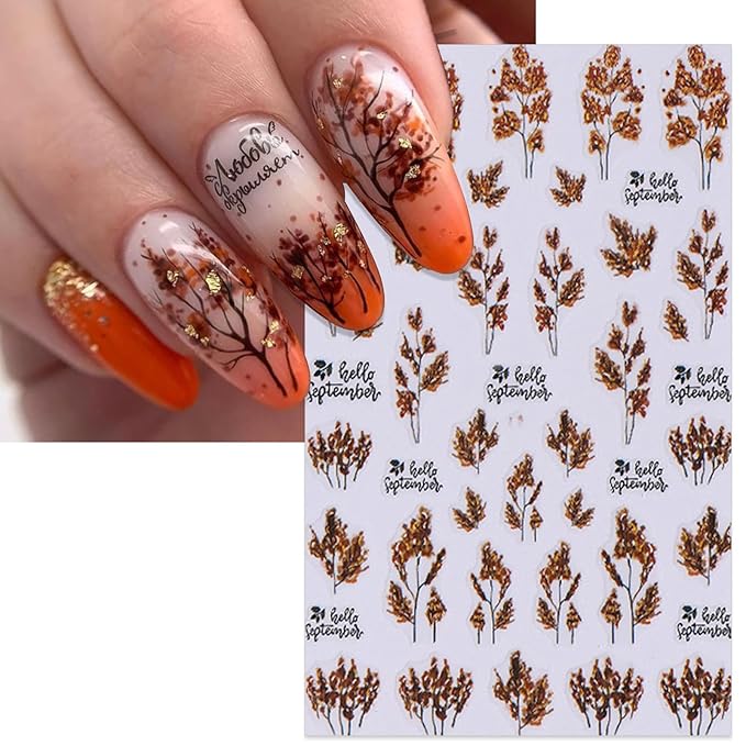 8 Sheets Fall Leaves Nail Stickers - Autumn Orange & Black Flowers Self-Adhesive 3D Nail Decals for Women Girls DIY Thanksgiving Day Floral Manicure