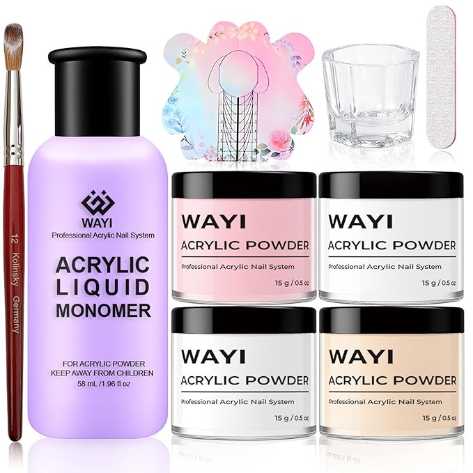 Acrylic Nail Kit with Monomer Liquid – 4 Colors Powder, Brush, Crystal Cup, Nail Forms & File | All-in-One Acrylic Extension Set for Beginners & Professionals