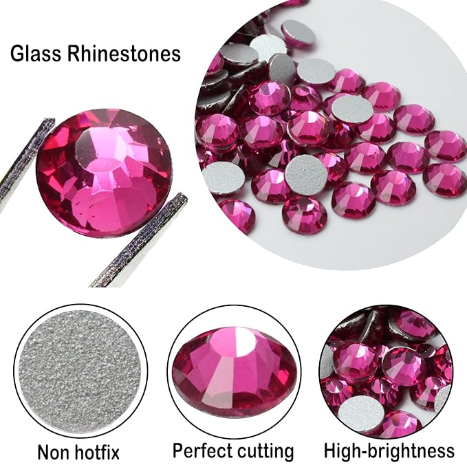 Flatback Glass Rhinestones,Bedazzler Gems 1440pcs Non Hotfix Crystal Rhinestones for Nail Charms Crafts Clothes Tumblers,Fuchsia,SS16