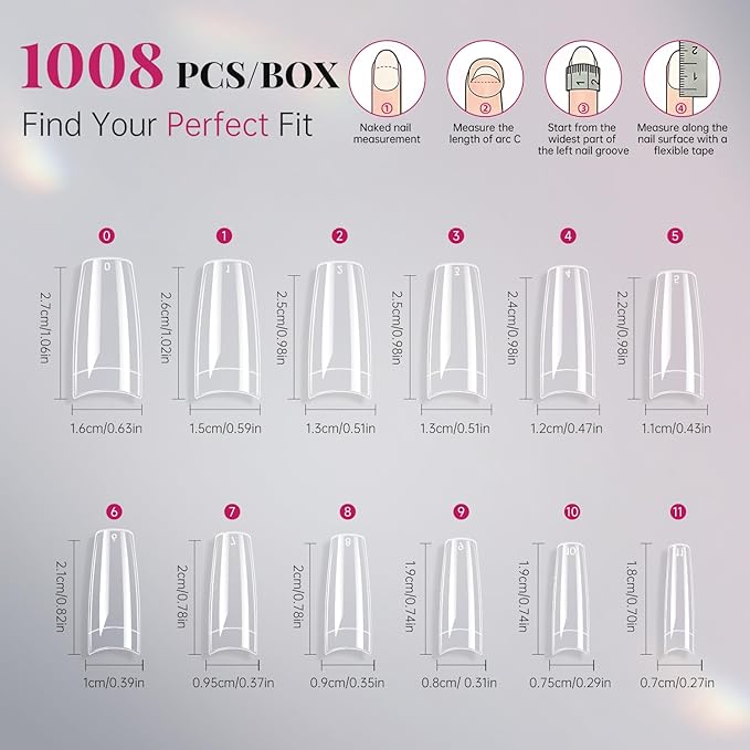 krofaue French Nail Tips 1008 Pcs, Clear Soft Gel Half Cover False Nails with 12 Sizes, Salon Quality Nail Extension Tips for DIY Nail Tips Art at Home for Women and Beginners (Clear & Natural)