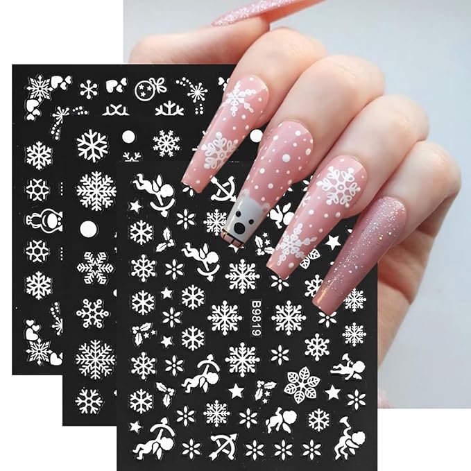 30 Sheets White Snowflake Nail Stickers Christmas Nail Art Stickers 3D Snowmen Xmas Bell Elk Design Stickers Winter Nail Decals Santa Claus Christmas Nail Supplies for Women DIY Manicure Decor Tips