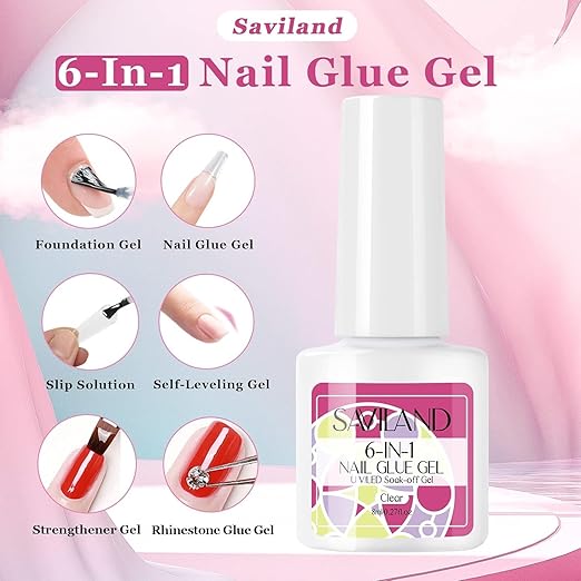 SAVILAND Gel Nail Glue: 6 in 1 Nail Glue for Press on Nails Acrylic Nails Long Lasting Curing Light Needed U V LED Hard Gel Extension for False Nail Tips Manicure Home Women Set