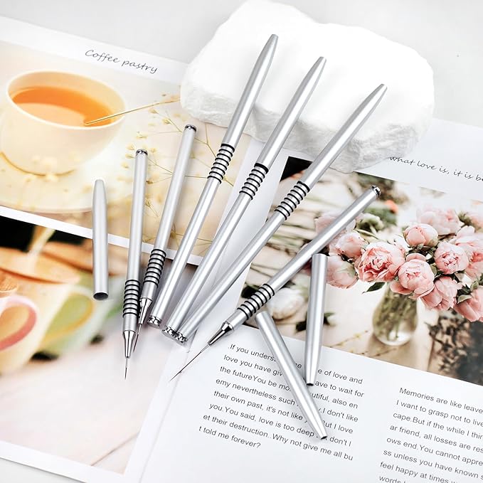 8pcs Metallic Nail Art Liner Brush Set – Fine Detail & Long Line UV Gel Painting Pens (Silver Non-Slip Handles)