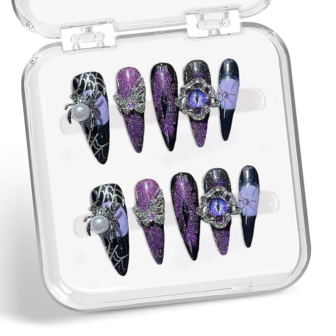 Handmade Press on Nails Purple Glitter False Nail Halloween Press on Nails 3D Luxury Spider & Eyeball Designs Thick Long Almond Fake Nail Full Cover Halloween Spider Web Stick on Nail for Women (S)