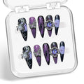 Handmade Press on Nails Purple Glitter False Nail Halloween Press on Nails 3D Luxury Spider & Eyeball Designs Thick Long Almond Fake Nail Full Cover Halloween Spider Web Stick on Nail for Women (S)