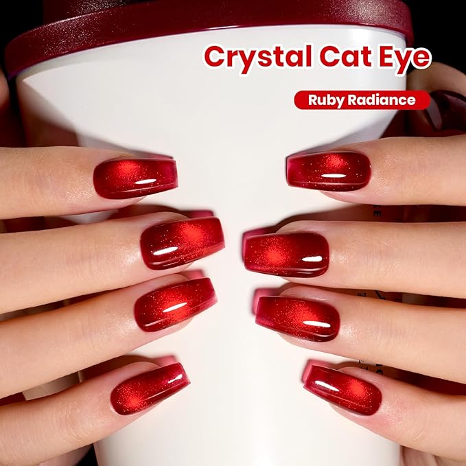 Beetles Stay Shining Ruby Radiance Red Cat Eye Gel Nail Polish - 15ML Red Cat Eye Glitter Gel Polish Magnetic Shimmer Effect Soak Off UV Design Salon DIY Manicure Gifts for Women