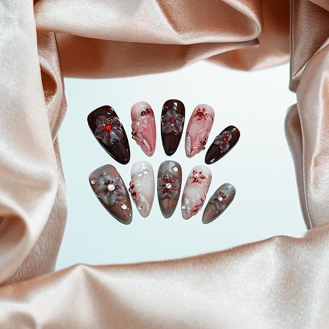 Handmade Floral Press on Nails - Medium Almond 3D Embossed Rhinestones & Red Ombre, Thick Acrylic Gel Nails for Parties, Valentine's Day (Evil Flower,S)