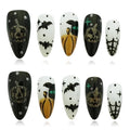 10pcs Almond Press on Nails - Halloween White Black False Nails with 3D Bat, Pumpkin & Cobweb Designs, Reusable Acrylic Press on Nails for Women (Spooky Vibes,M)