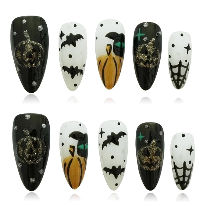 10pcs Almond Press on Nails - Halloween White Black False Nails with 3D Bat, Pumpkin & Cobweb Designs, Reusable Acrylic Press on Nails for Women (Spooky Vibes,M)