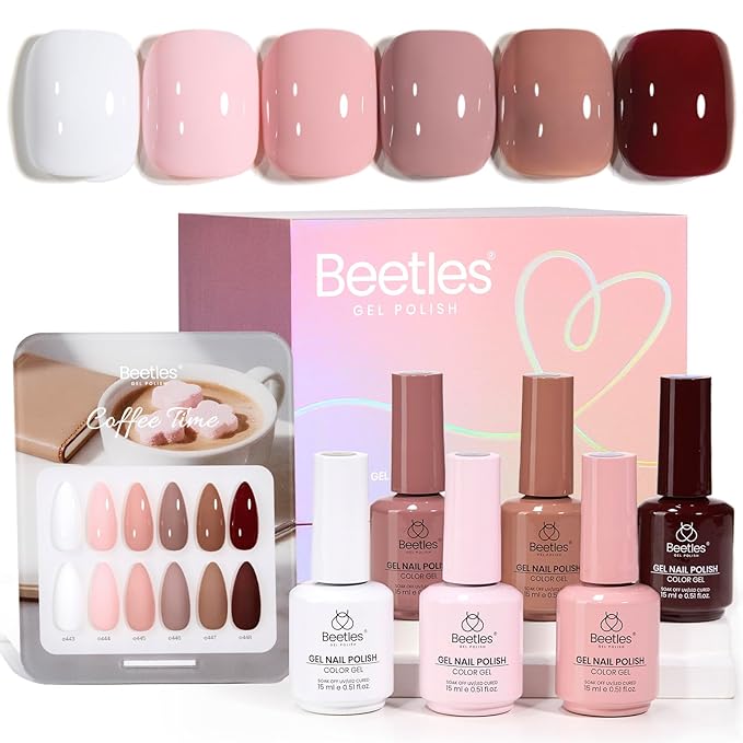 Beetles Gel Nail Polish Set – Coffee Time 6 Colors Neutral White Pink Nude Brown Gel Polish Collection, Soak Off UV LED Gel Long Lasting Glossy Finish 15ml Each Gift for Women