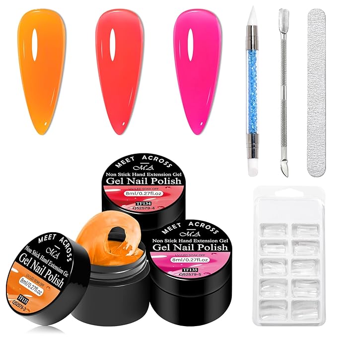MEET ACROSS Solid Builder Gel for Nails, 3 Colors Solid Builder Non-Sticky Pink Rose Orange Hard Gel for Nails 3D Sculpture Nail Extension Kit
