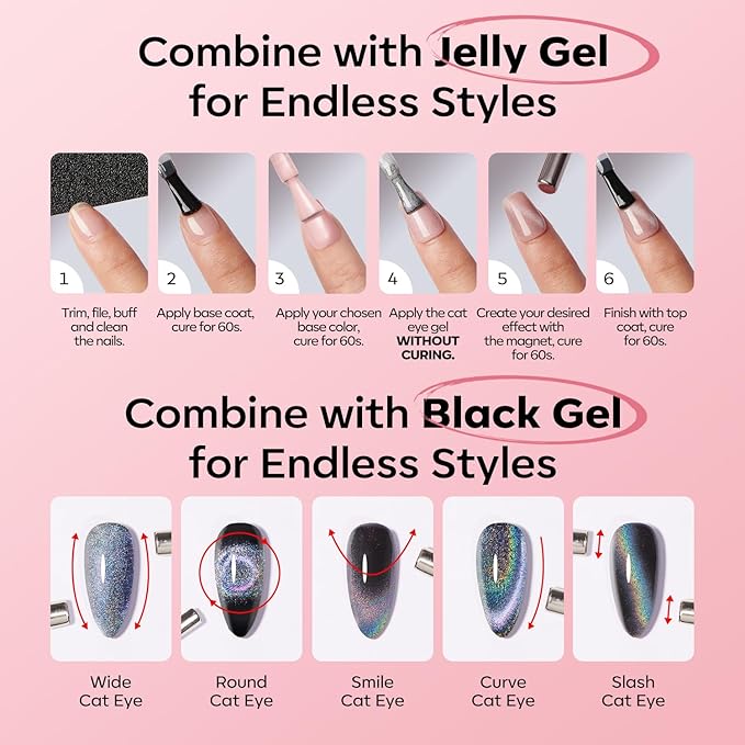 modelones Pink Cat Eye Gel Nail Polish Light Pink 9D Cateye with Magnet Shimmer Glitter Gel Polish Soak Off Reflective Translucent Jelly Gel Nail Polish 15 ML