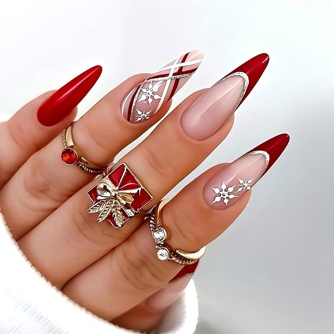 24pcs Red Long Almond French Tips Press On Nails with Snowflakes and sparkling lines for Themed Costumes, Reusable Nail Kit with Nail Adhesive Tabs Mini Nail File, 12 Sizes (Red)