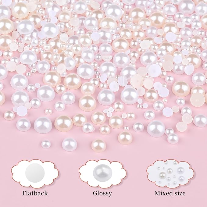2100Pcs Flatback Nail Pearls Gems, 1.5-5mm White Beige Beads Half Round Nail Charms Beads with Pickup Pencil and Tweezers for Crafting Face Hair Manicure (11-K1-half-pearls-beige-white)