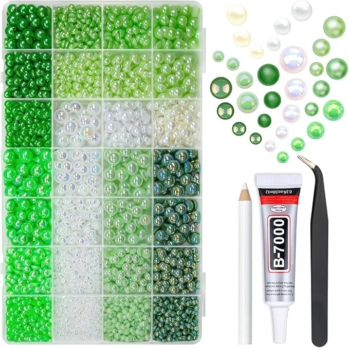 28 Types Green Flatback Pearls w B7000 Jewelry Glue for Bedazzling Crafting 3mm 4mm 5mm 6mm 8mm 10mm Flatback Colorful AB Half Pearls Charms for Nails Face Makeup Crafts Tumblers Bottles Shoes