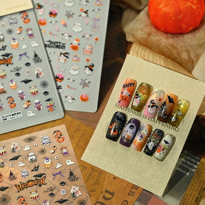 Halloween Nail Stickers Witch Cat Nail Art Stickers 5D Embossed Pumpkin Nail Decals Spider Web Nail Art Supplies 3D Self Adhesive Holiday Nail Design for Women Girls 1 Sheets