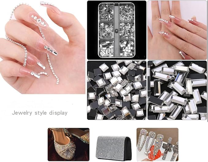 Nail Art Rhinestones K9 Glass Crystal Iridescent AB Clear Flatback Diamonds for Round &Square Gems Stones Constitute in 6 Mixed Sizes Jewels Set for Nail Design DIY Multiple 2920PCS + Pen Tweezers