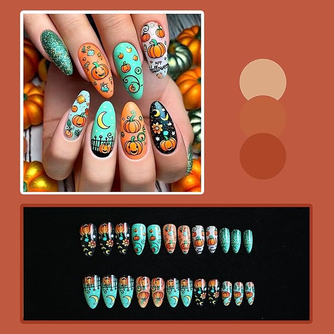 Halloween Press on Nails with Stars Moon and Pumpkin Pattern, Almond Fake Nails, Glossy False Nails, Full Cover Acrylic Stick on Nails for Women DIY Manicure Decoration 24 Pcs
