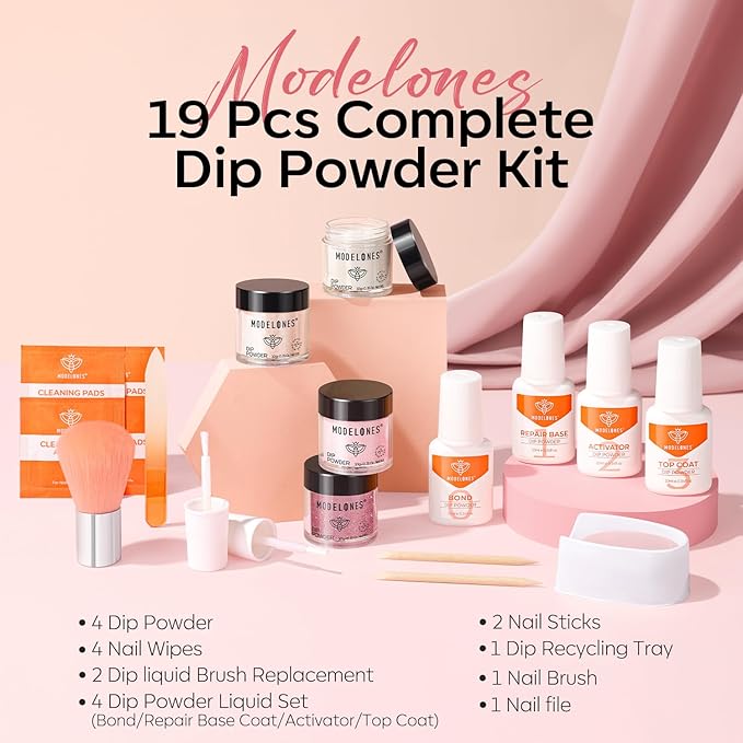 Modelones Pink Dip Powder Nail Kit, 4 Colors White Nude Glitter Dipping Starter Set with Liquid and Complete Accessories for French Nails Art Salon DIY at Home Gifts for Women