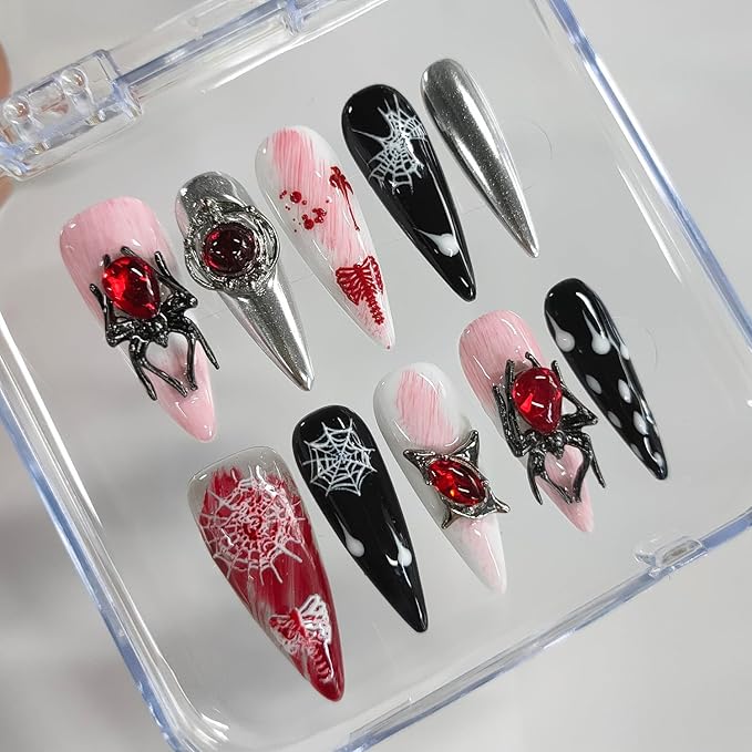 Halloween Handmade Press on Nails Long Almond 3D Nails Thick Acrylic Fake Nails Gothic False Nails with Spider Charms Rhinestones Designs Black&White Sturdy Nail Art Press on Nails 10Pcs(M)