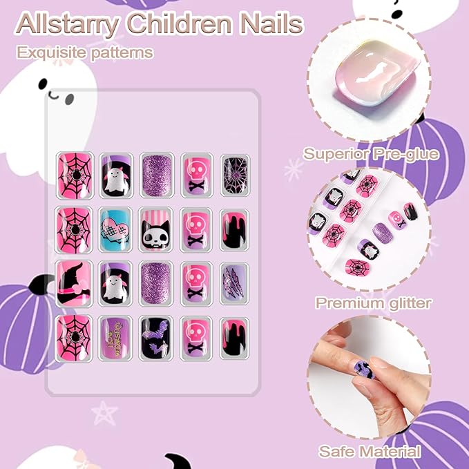 Allstarry Kids Halloween Nails, 6 Pack Children Press on Nails Pre-glue Full Cover Glitter Pink Purple Spider Bat Pumpkin Short False Nail Kits Halloween Gifts for Kids Little Girl Nail Art Decoration