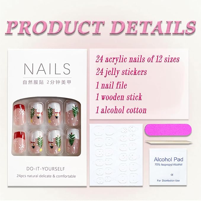 Christmas Press on Nails Medium Square MABKJLF French Tip Fake Nails False Nails with Snowman Snowflake Tree Designs Glossy Glue on Nail Winter Full Cover Acrylic Nails for Women Girls 24Pcs