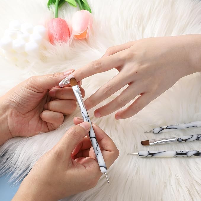 4 PCS French Tip Brush for Nails, 2-Way French Acrylic Nail Brushes with Dotting Tool, Acrylic Nail Tip Tool Brushes for Nails Detailed Designs DIY Manicure Salon