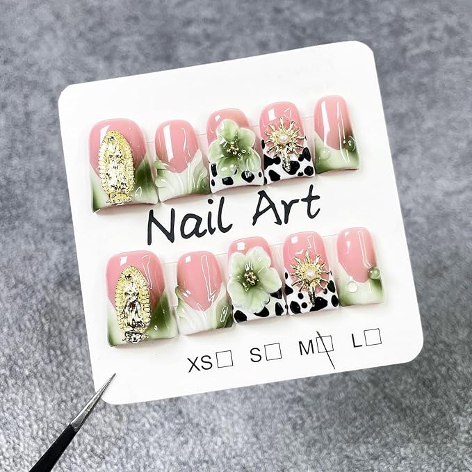 Flower Press on Nails Short Duck Handmade 3D Pearl & Golden Rhinestone Fake Nails Green White Gradient French Tip False Nail with Designs Floral Thicked Acrylic Nails for Women (Size S)