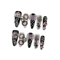 Gothic Y2K Press on Nails, Long Stiletto Glossy Nails in Black & White, Handmade Nails with 3D Charms (Bow/Handcuff/Skull) & Heart Rhinestones, Edgy Party Style for Women(Size L)