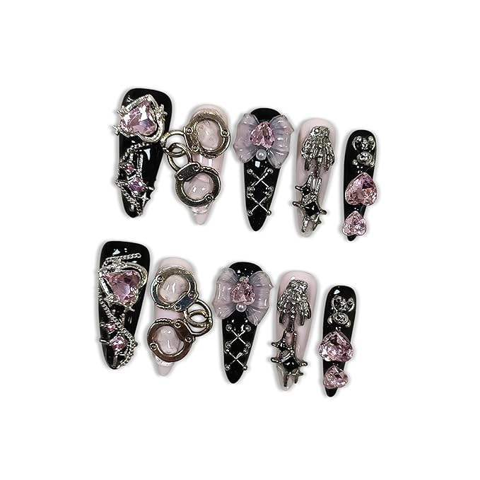 Gothic Y2K Press on Nails, Long Stiletto Glossy Nails in Black & White, Handmade Nails with 3D Charms (Bow/Handcuff/Skull) & Heart Rhinestones, Edgy Party Style for Women(Size L)