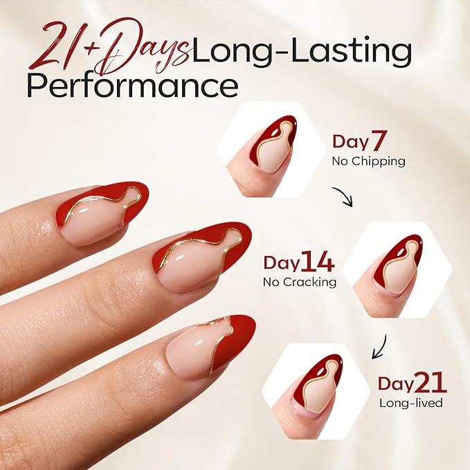 Modelones French Tip Press on Nails Almond, Short Almond Fake Nails, Semi-Transparent Soft Nail Kit with Nail Glue Adhesive Tabs Nail File, Spring Nails Press Ons 30Pcs 15 Sizes, Red Lines