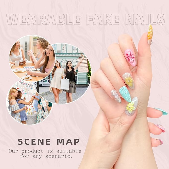 Luxury Press-On Nails – Medium Almond Handmade French Tip Nail Art | 3D Flower & Pearl Design | Blue Ocean Pattern False Nails | Reusable Acrylic Nail(S-10PCS)