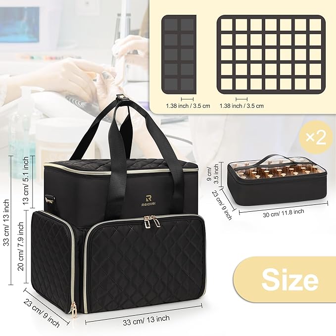 Relavel Nail Polish Organizer, Double Layer Nail Bag Holds 80-100 Bottles (15ml/0.5fl.oz) & Nail Lamp Nail Kit Storage Case, Extra Large Travel Nail Supplies Shoulder Bag for Manicure Tools (Black)