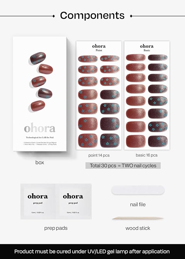 ohora Semi Cured Gel Nail Strips (N Evening Flora) - Works with Any Lamps, Salon-Quality, Long Lasting, Easy to Apply & Remove - Includes 2 Prep Pads, Nail File & Wooden Stick
