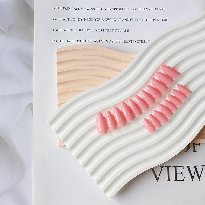 Rose Pink Press on Nails - Almond Shaped Medium Length Neutral Acrylic Reusable Fake Nails for Women Girls - Glue on Stiletto False Nails - Soft Gel Artificial