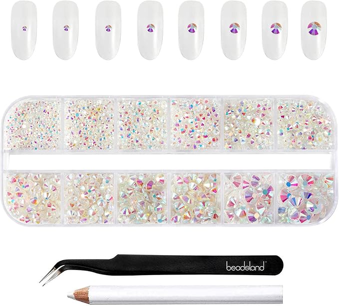 Beadsland Rhinestones for Makeup,8 Sizes 2500pcs Crystal Flatback Rhinestones Face Gems for Nails Crafts with Tweezers and Wax Pencil,Transparent AB,SS4-SS30