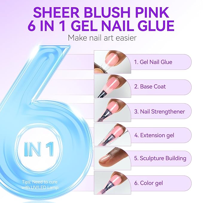 Gelike EC Gel Nail Glue UV Light: Sheer Blush Pink 6 in 1 Adhesive Gel Nail Polish, Strong Nail Glue for Press On Nails Nails Acrylic Tips, Long Last - Nail Art Gift for Home Salon Beginner DIY