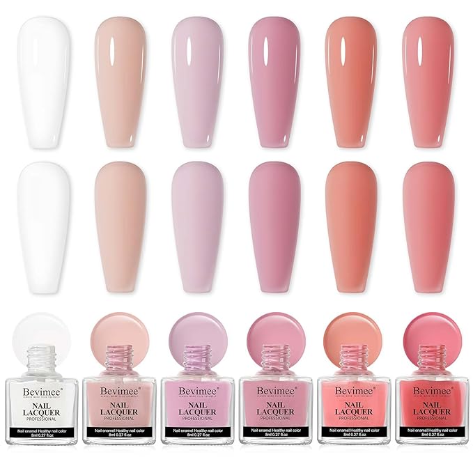 Nude Nail Polish Set: 6 Colors Vegan Regular Nail Polish Quick Dry, White Nude Sheer Pink Natural Nail Lacquer Non Gel Air Fast Drying Finger Nail Bulk DIY Salon Gift for Women