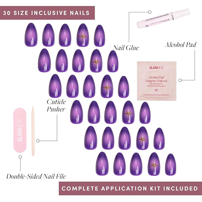 Glamnetic Press On Nails - Tarot | Glossy, Opaque, Short Almond Purple Nails, Salon Quality | 15 Sizes - 30 Nail Kit with Glue