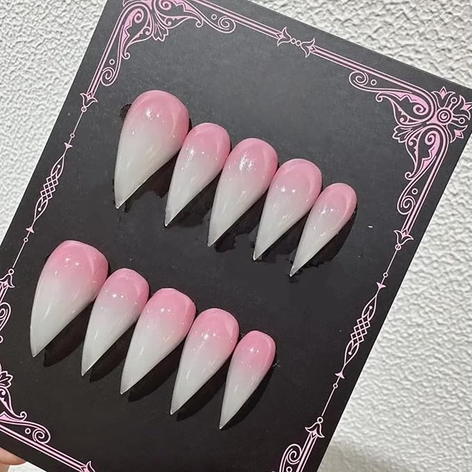 Pink White Stiletto Press on Nails with Glue Glossy Extra Short False Nails Hand-Painted Designs Handmade Eagle Dragon Cat Claw Unique Reusable Fake Nails