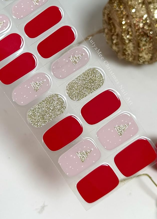 Semi Cured Gel Nail Strips (Cozy Red), Christmas Tree, 20 Pcs Gel Nail Wraps, Stickers, Salon Quality, Long Lasting, Works with Any UV Lamps